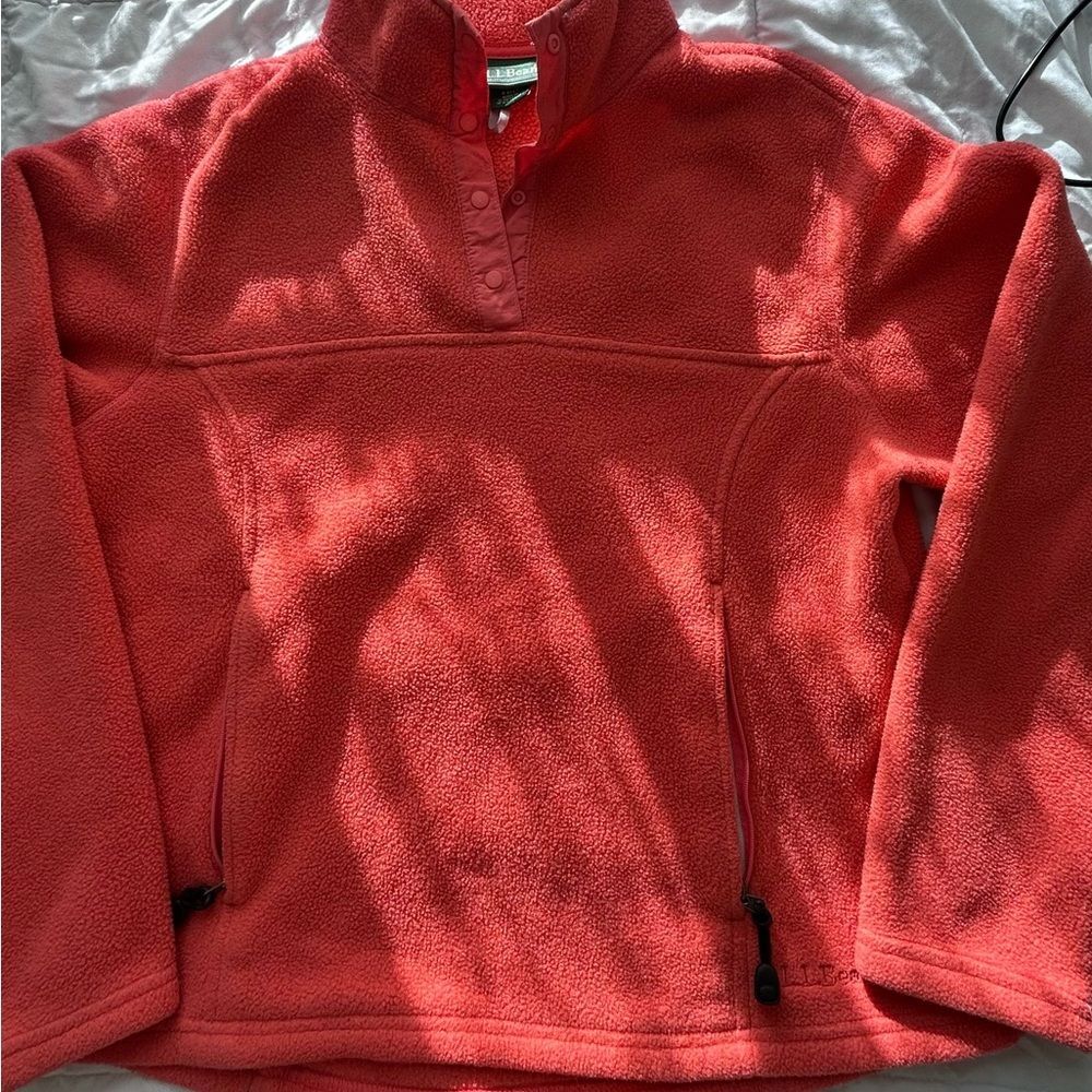L L Bean Outdoors Womens Coral Size M 1/4 Long Sleeve Fleece Pullover Zip pocket